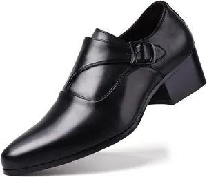 Men's Genuine Leather Low Block Heel Monk Shoes Fashion Round Toe Monk Buckle Low Heel Dress Oxfords Shoe for Driving Business Office