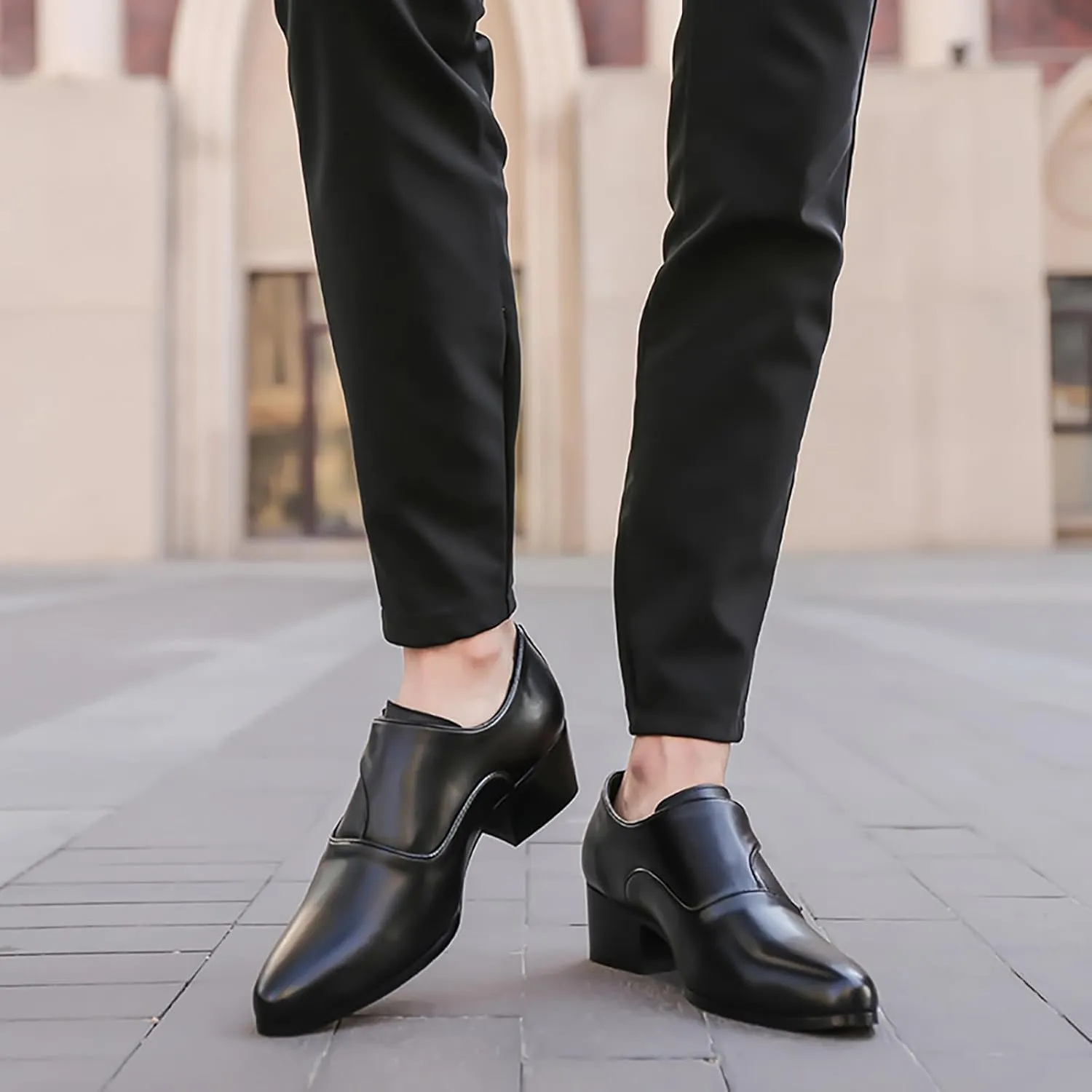 Men's Genuine Leather Low Block Heel Monk Shoes Fashion Round Toe Monk Buckle Low Heel Dress Oxfords Shoe for Driving Business Office