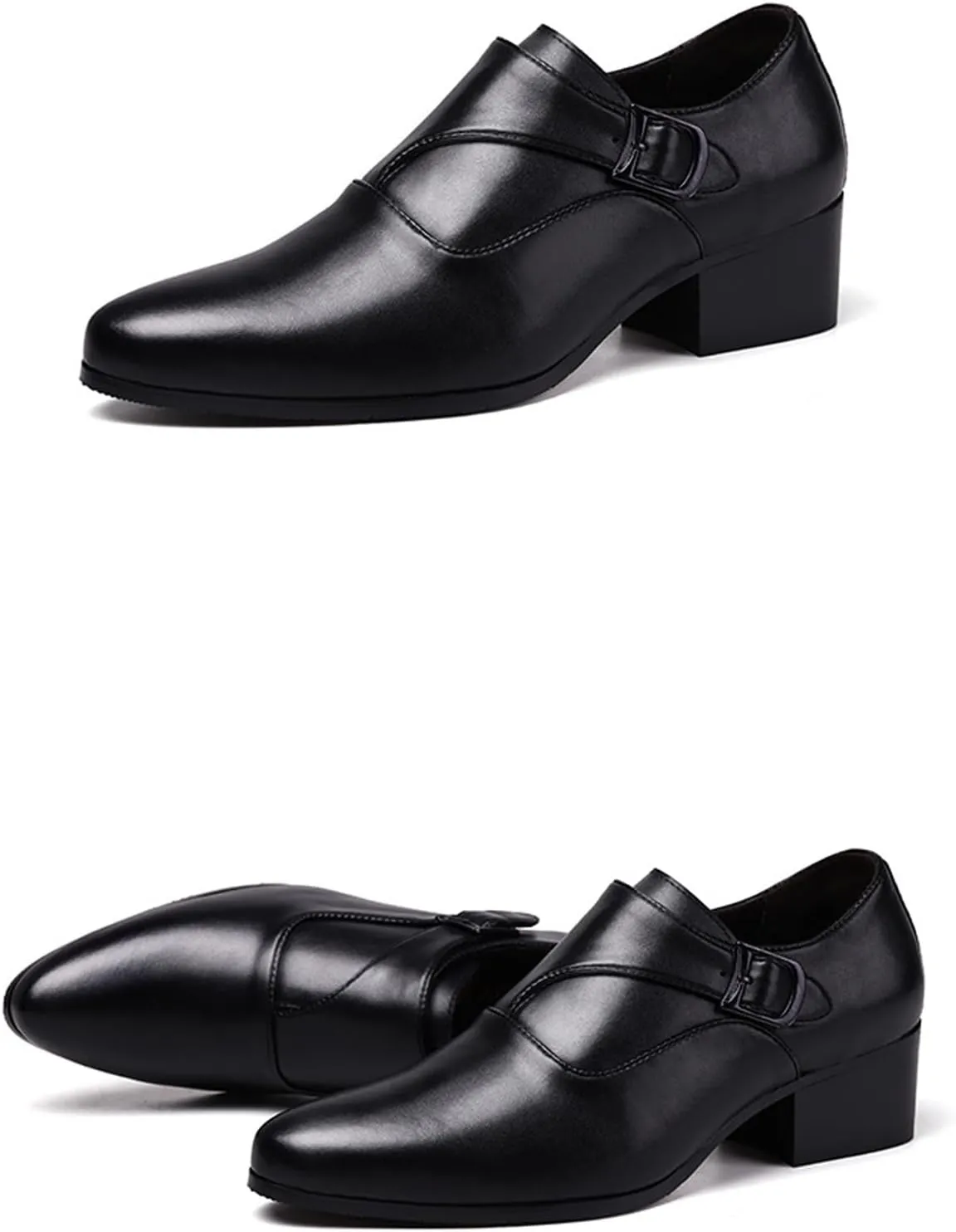Men's Genuine Leather Low Block Heel Monk Shoes Fashion Round Toe Monk Buckle Low Heel Dress Oxfords Shoe for Driving Business Office
