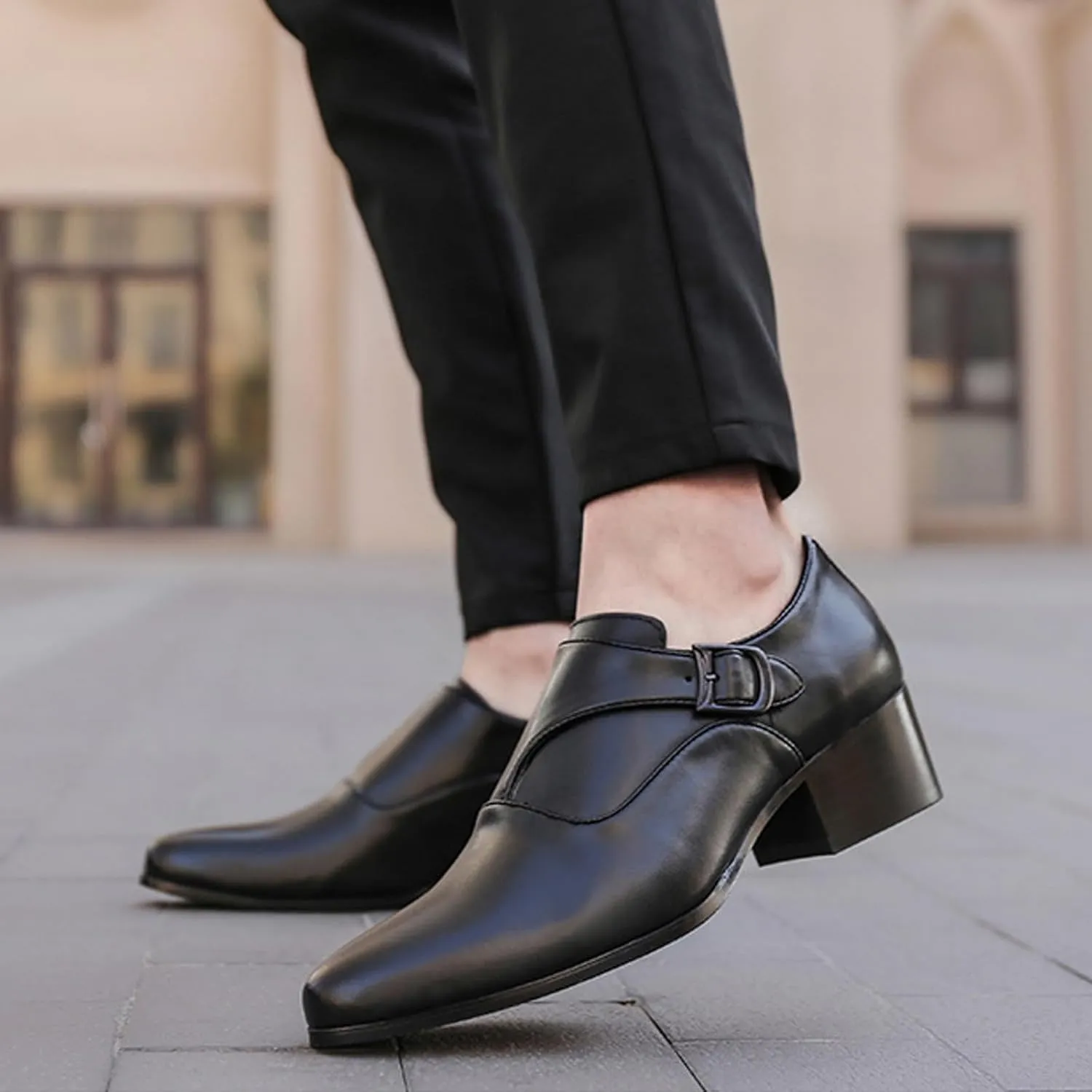 Men's Genuine Leather Low Block Heel Monk Shoes Fashion Round Toe Monk Buckle Low Heel Dress Oxfords Shoe for Driving Business Office