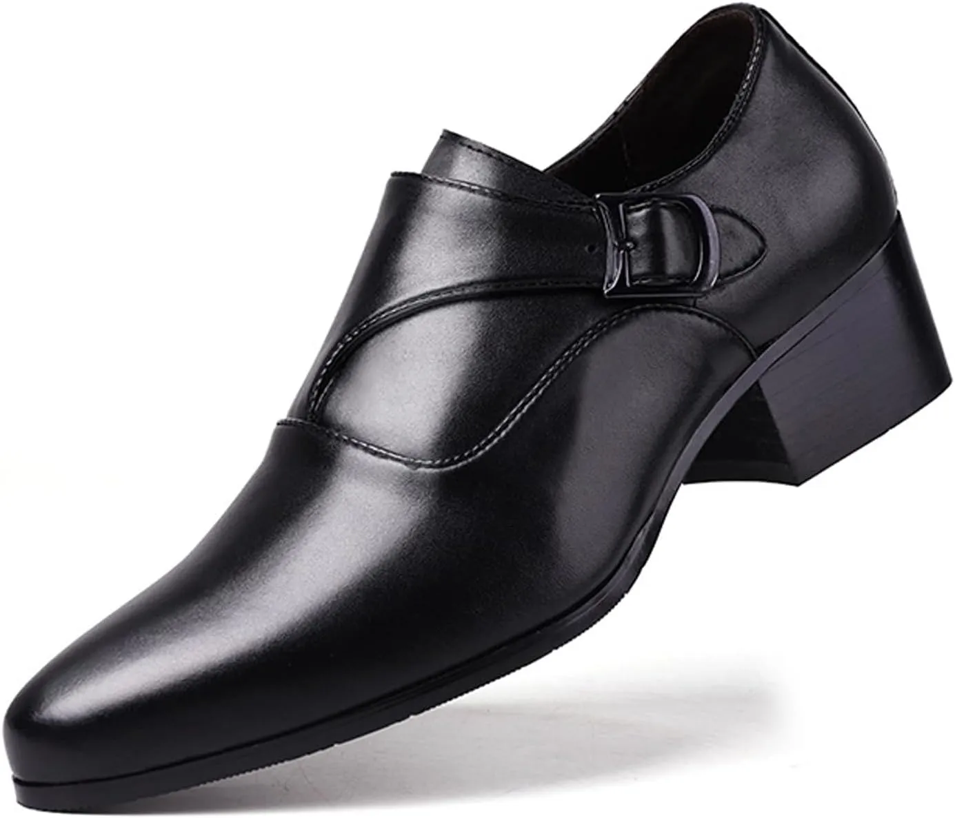 Men's Genuine Leather Low Block Heel Monk Shoes Fashion Round Toe Monk Buckle Low Heel Dress Oxfords Shoe for Driving Business Office
