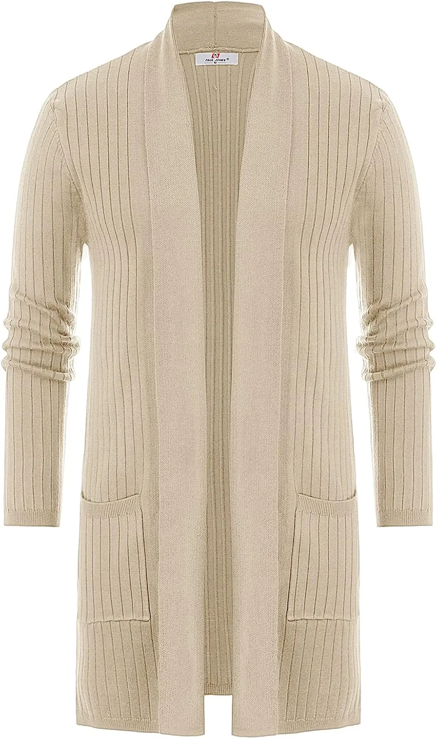 Men's Shawl Collar Open Front Long Cardigan Ribbed Knit Sweater with Pockets