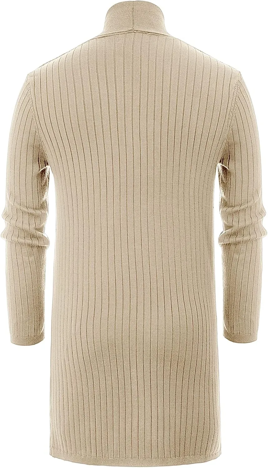 Men's Shawl Collar Open Front Long Cardigan Ribbed Knit Sweater with Pockets