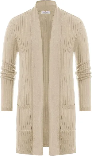 Men's Shawl Collar Open Front Long Cardigan Ribbed Knit Sweater with Pockets