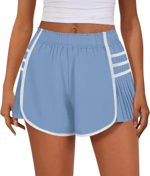 midelxp Women's Athletic Shorts High Waisted Contrast Color Quick Dry Running Shorts Comfy Loose Flowy Pleated Tennis Shorts