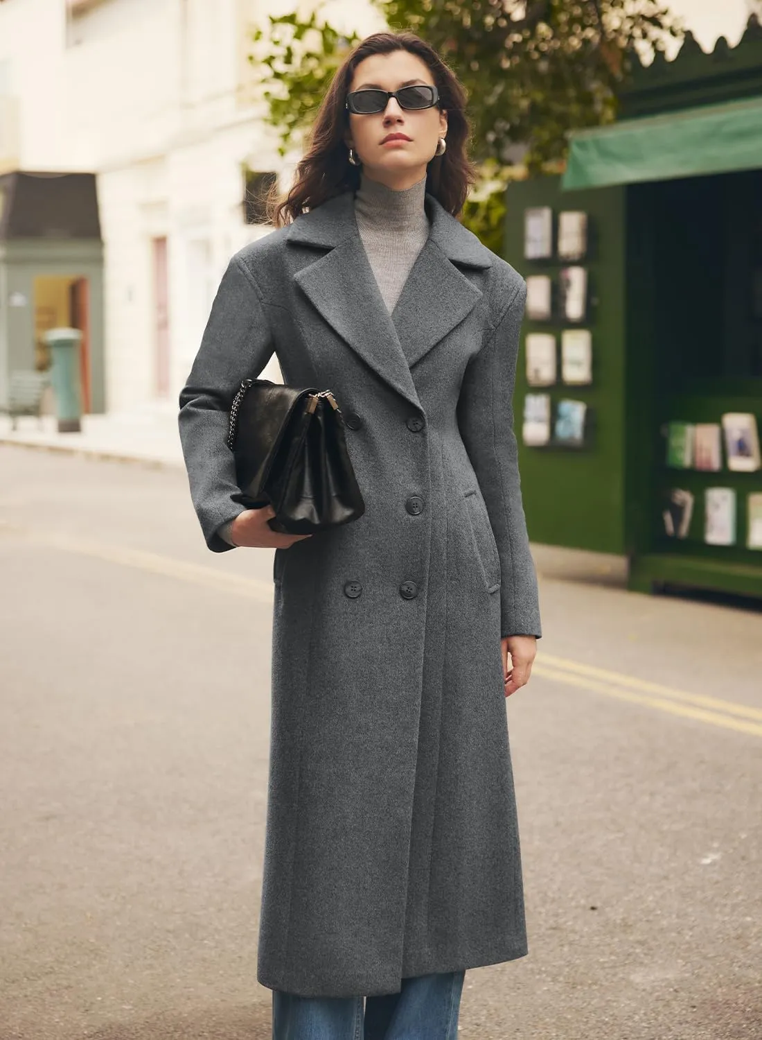 MIHOLL Women's Winter Wool Coat Chic Notched Collar Double Breasted Long Coat With Pockets