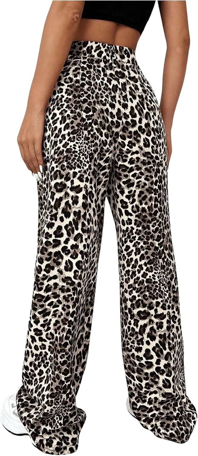 Milumia Women's Leopard Print High Waist Casual Long Pants Straight Leg Trousers