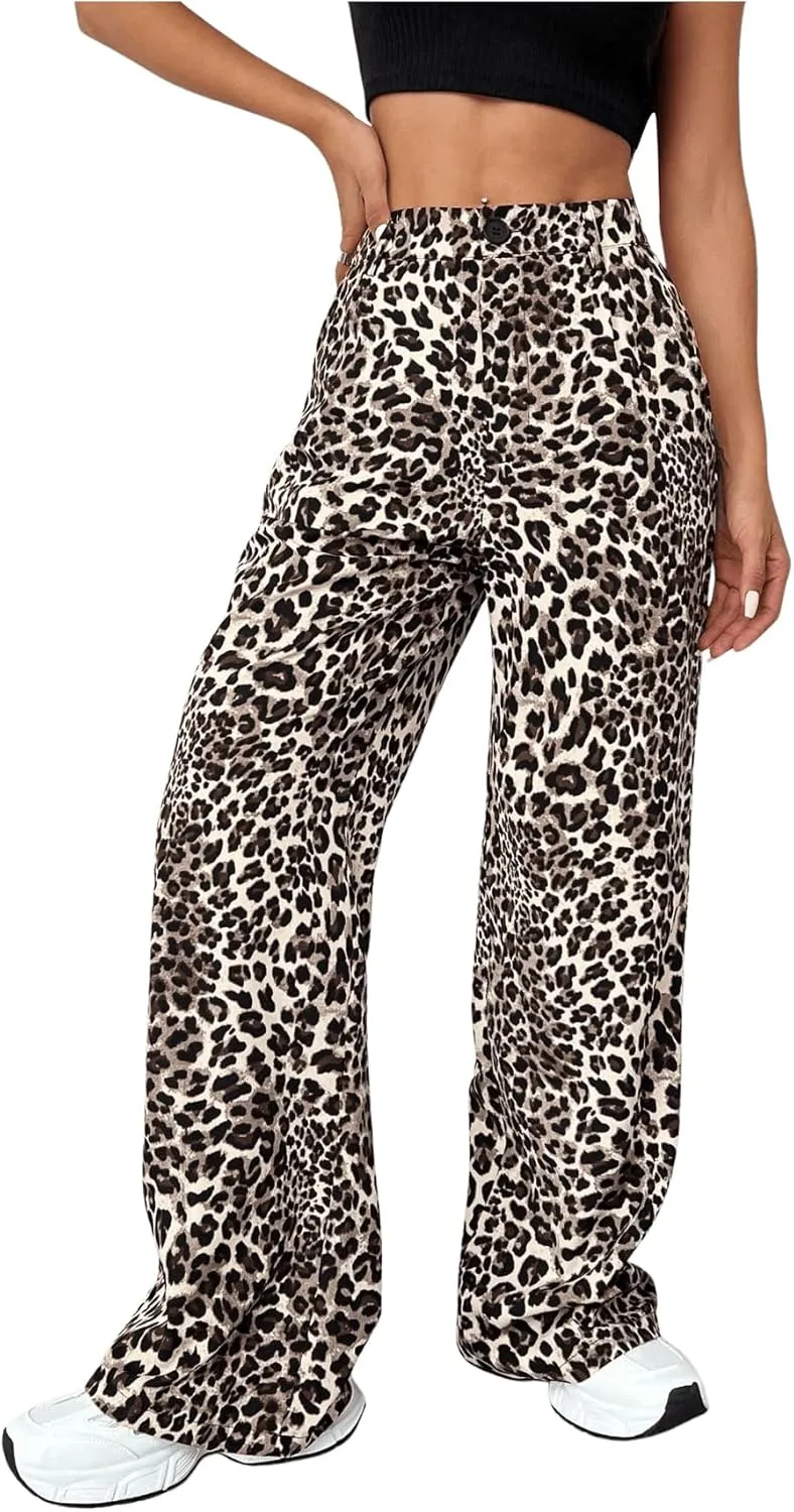 Milumia Women's Leopard Print High Waist Casual Long Pants Straight Leg Trousers
