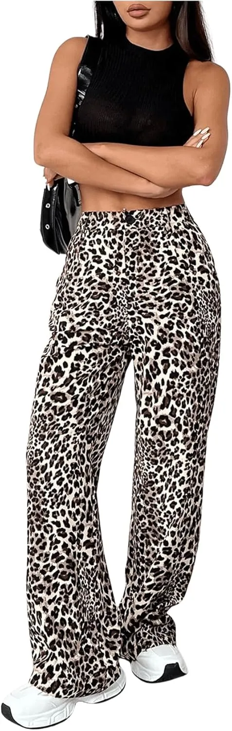 Milumia Women's Leopard Print High Waist Casual Long Pants Straight Leg Trousers