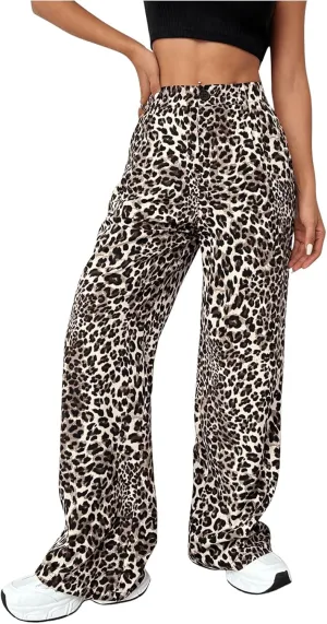 Milumia Women's Leopard Print High Waist Casual Long Pants Straight Leg Trousers