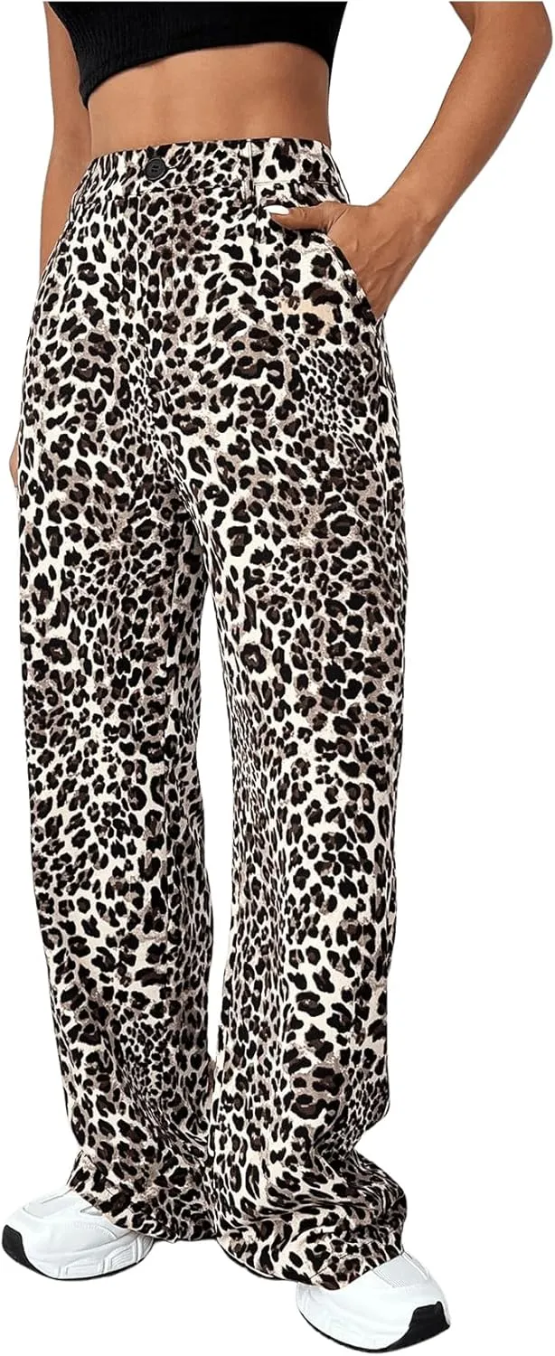 Milumia Women's Leopard Print High Waist Casual Long Pants Straight Leg Trousers