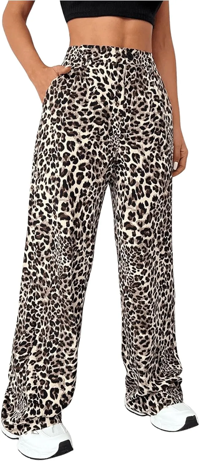 Milumia Women's Leopard Print High Waist Casual Long Pants Straight Leg Trousers