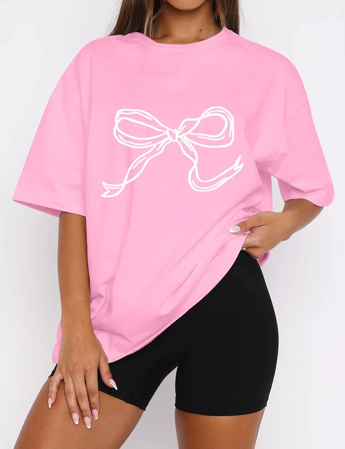 MISSACTIVER Womens Oversized Bow Graphic T-Shirt Drop Shoulder Short Sleeve Graphics Tee Shirt Casual Outfit Going Out Top