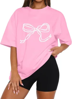MISSACTIVER Womens Oversized Bow Graphic T-Shirt Drop Shoulder Short Sleeve Graphics Tee Shirt Casual Outfit Going Out Top