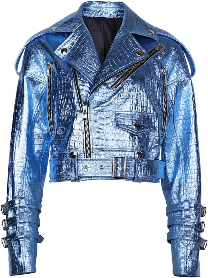Niiyyjj Autumn Oversized Leather Jacket Women Shiny Croc Pattern Leather Moto Biker Jacket Ladies Coat