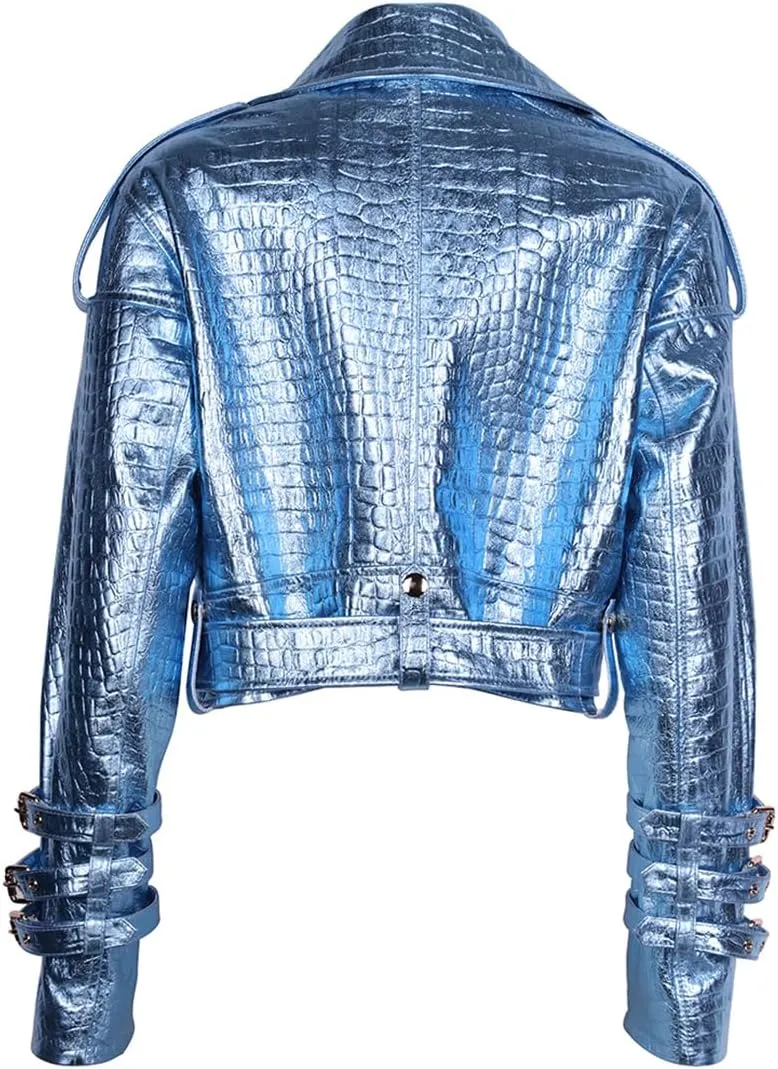 Niiyyjj Autumn Oversized Leather Jacket Women Shiny Croc Pattern Leather Moto Biker Jacket Ladies Coat