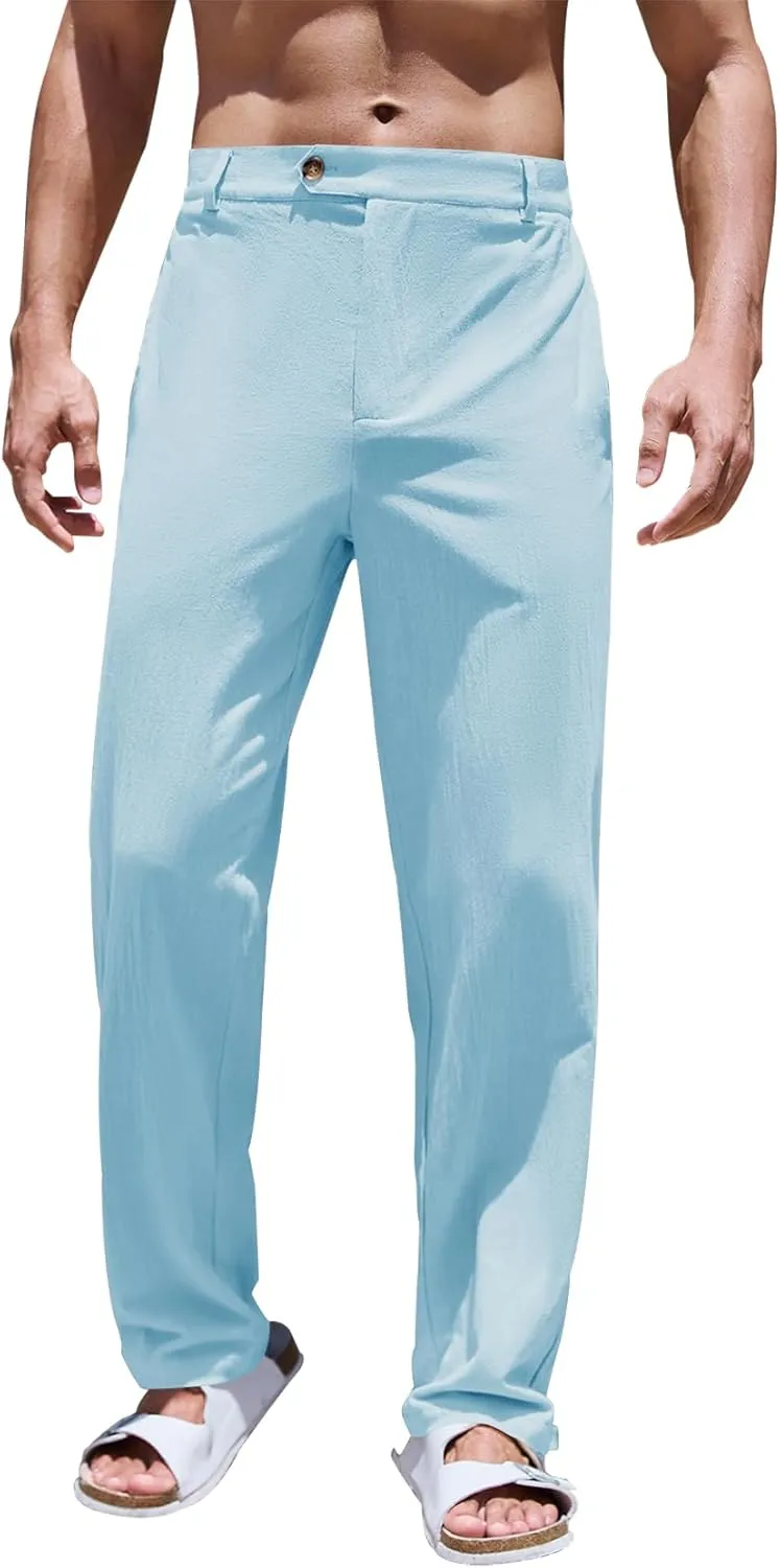 PASLTER Mens Cotton Linen Loose Pant Casual Lightweight Flat-Front Trouser Yoga Beach Pants for Men