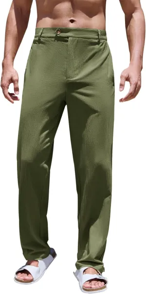 PASLTER Mens Cotton Linen Loose Pant Casual Lightweight Flat-Front Trouser Yoga Beach Pants for Men