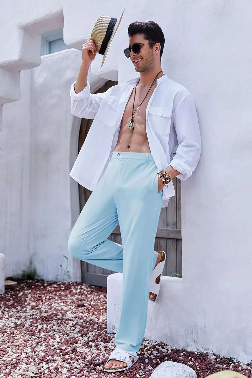 PASLTER Mens Cotton Linen Loose Pant Casual Lightweight Flat-Front Trouser Yoga Beach Pants for Men