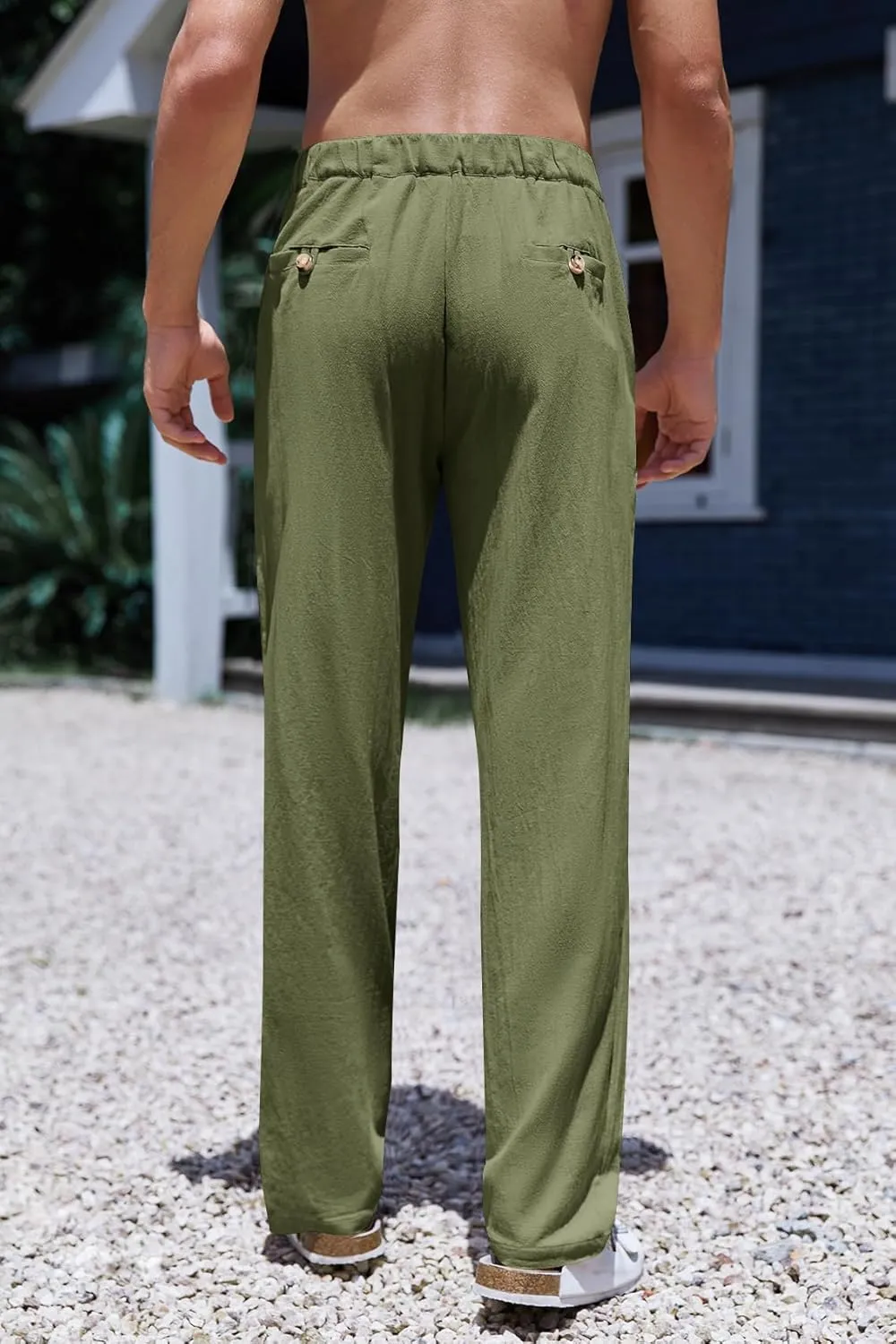 PASLTER Mens Cotton Linen Loose Pant Casual Lightweight Flat-Front Trouser Yoga Beach Pants for Men