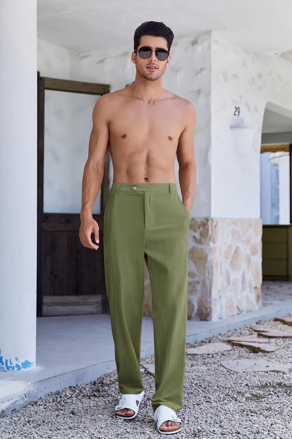 PASLTER Mens Cotton Linen Loose Pant Casual Lightweight Flat-Front Trouser Yoga Beach Pants for Men