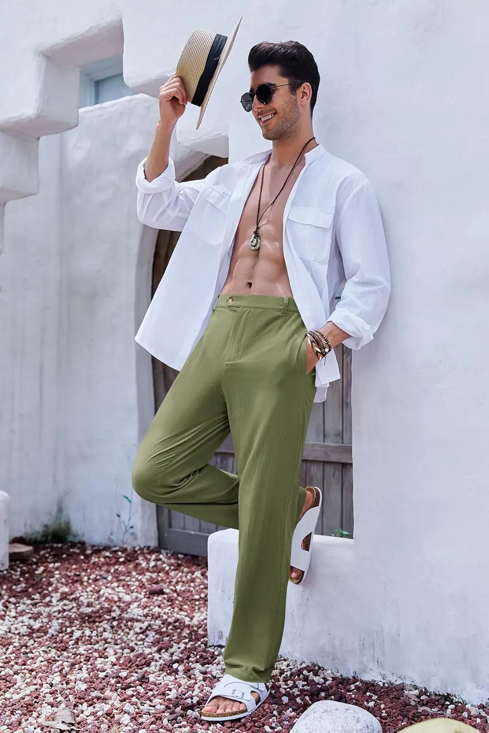 PASLTER Mens Cotton Linen Loose Pant Casual Lightweight Flat-Front Trouser Yoga Beach Pants for Men