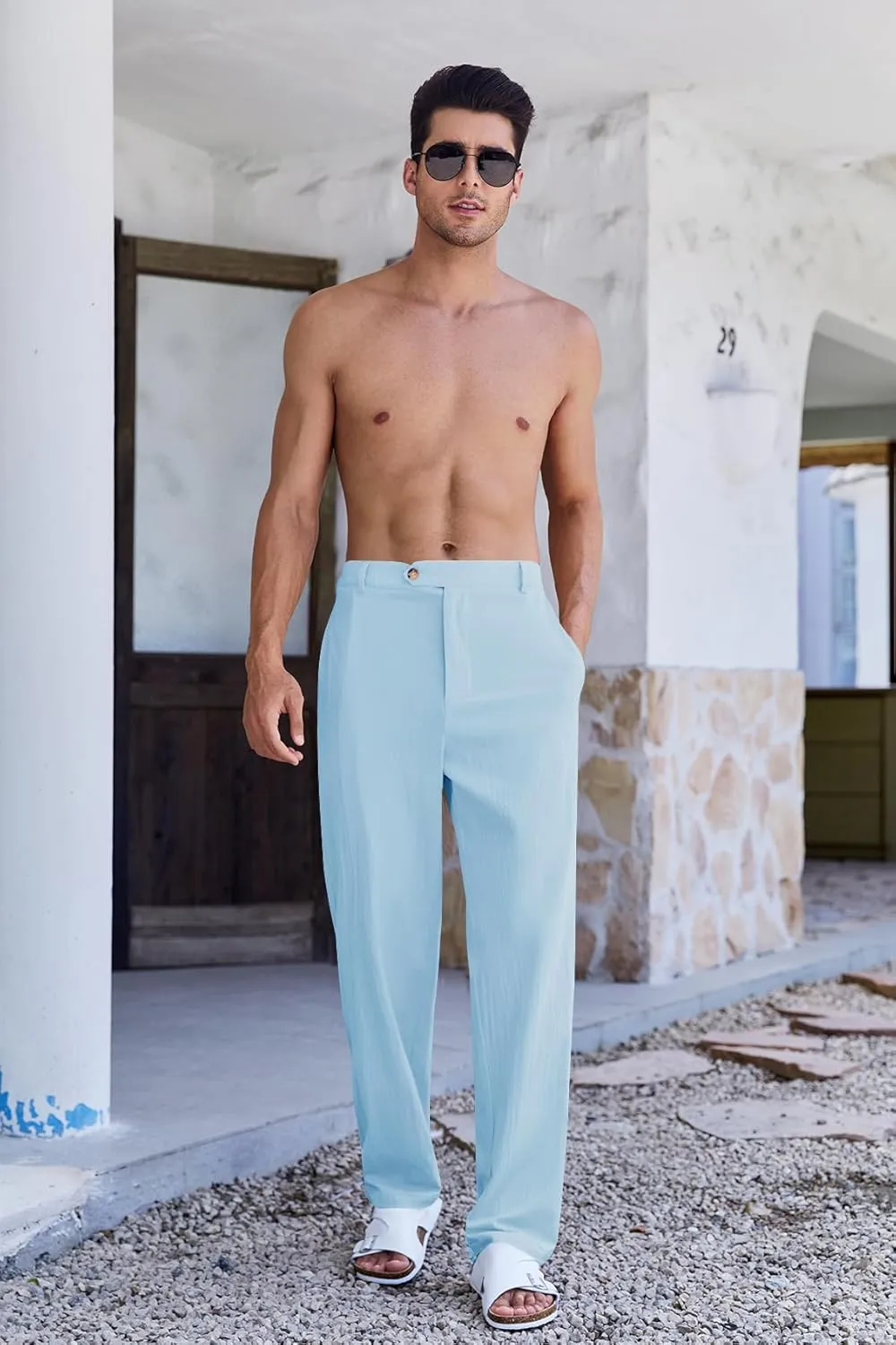 PASLTER Mens Cotton Linen Loose Pant Casual Lightweight Flat-Front Trouser Yoga Beach Pants for Men