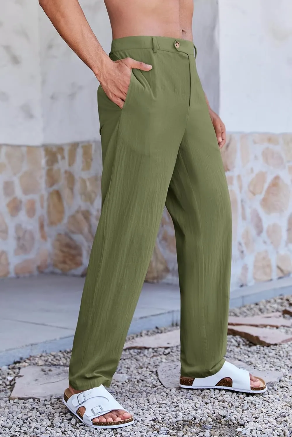 PASLTER Mens Cotton Linen Loose Pant Casual Lightweight Flat-Front Trouser Yoga Beach Pants for Men