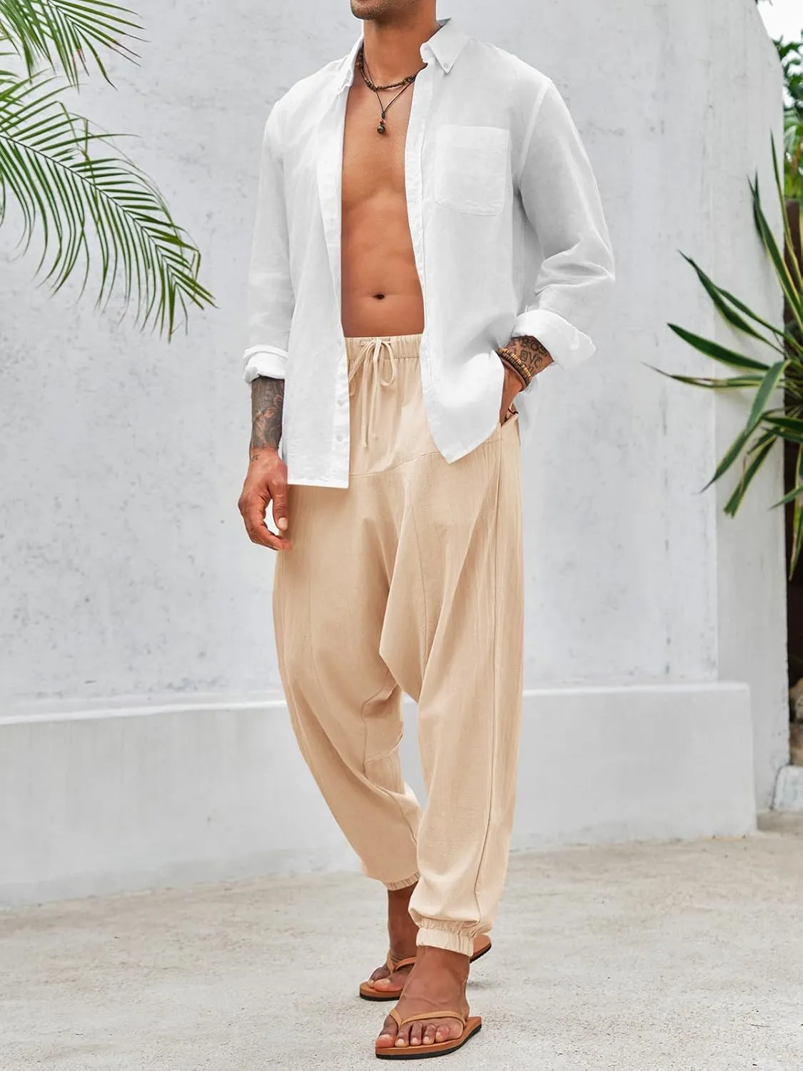 PASLTER Mens Harem Pants Baggy Casual Cotton Linen Boho Yoga Drop Crotch Hippie Trousers