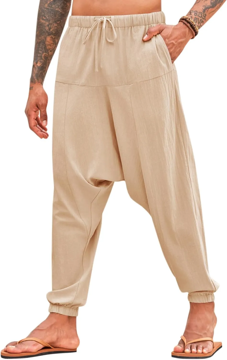 PASLTER Mens Harem Pants Baggy Casual Cotton Linen Boho Yoga Drop Crotch Hippie Trousers