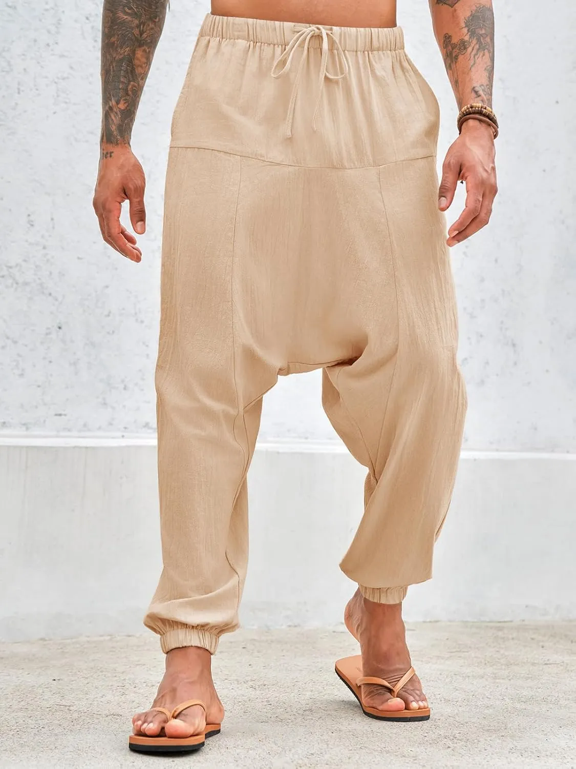 PASLTER Mens Harem Pants Baggy Casual Cotton Linen Boho Yoga Drop Crotch Hippie Trousers