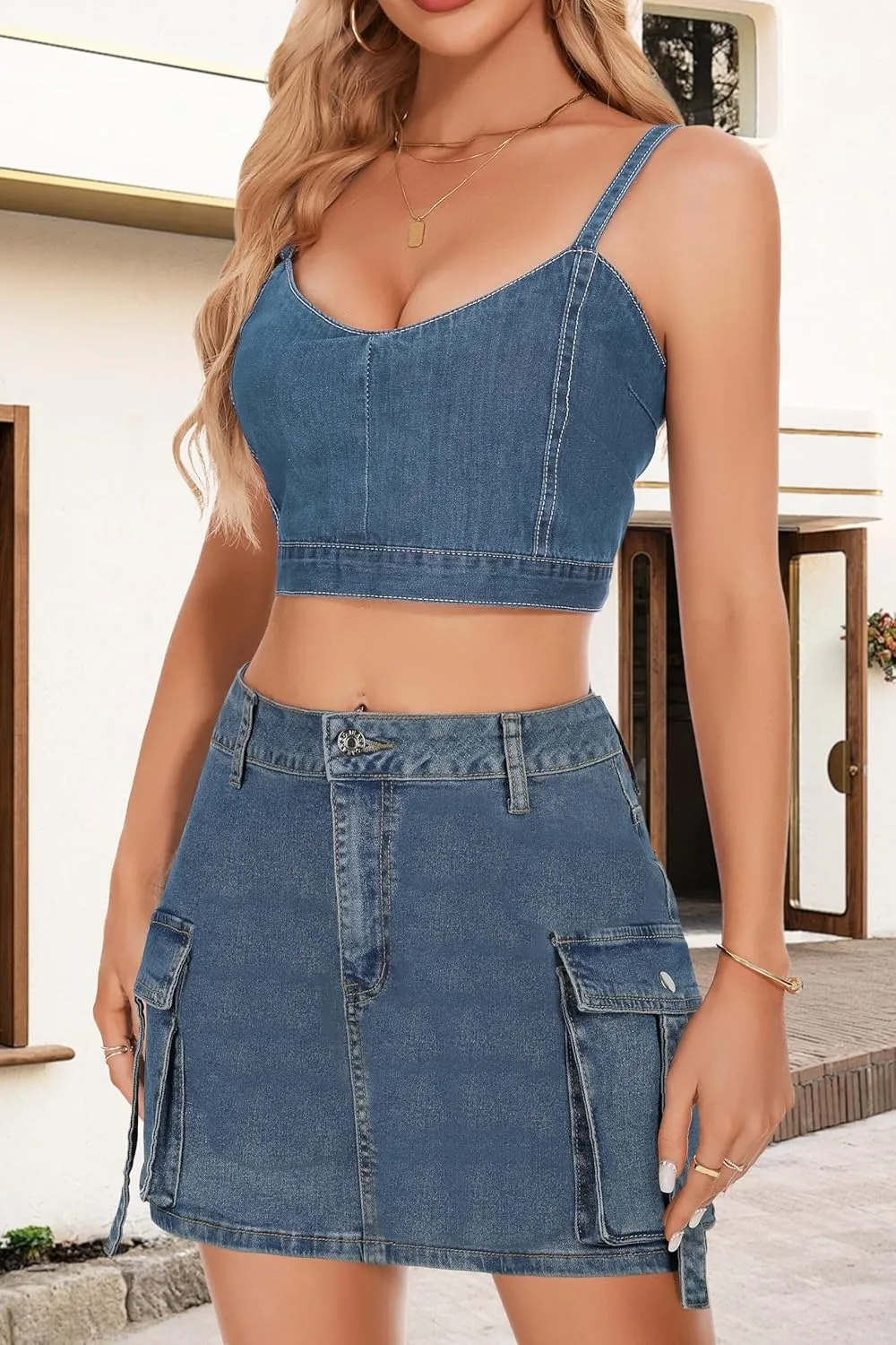 PEIQI Sexy High Waist Cargo Skirt for Women Stretchy Button Mini Cargo Denim Skirt with Pockets