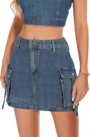 PEIQI Sexy High Waist Cargo Skirt for Women Stretchy Button Mini Cargo Denim Skirt with Pockets