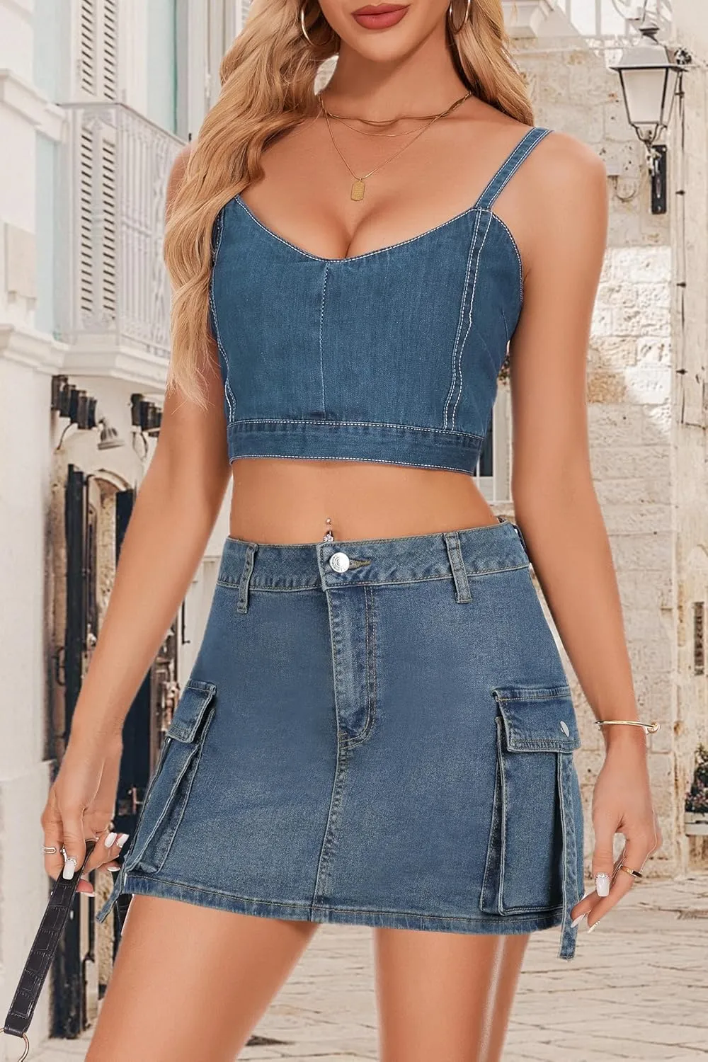 PEIQI Sexy High Waist Cargo Skirt for Women Stretchy Button Mini Cargo Denim Skirt with Pockets
