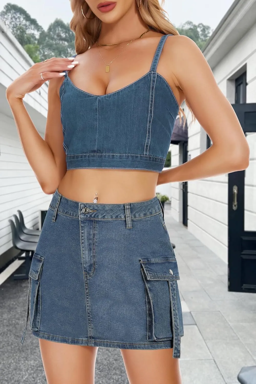 PEIQI Sexy High Waist Cargo Skirt for Women Stretchy Button Mini Cargo Denim Skirt with Pockets