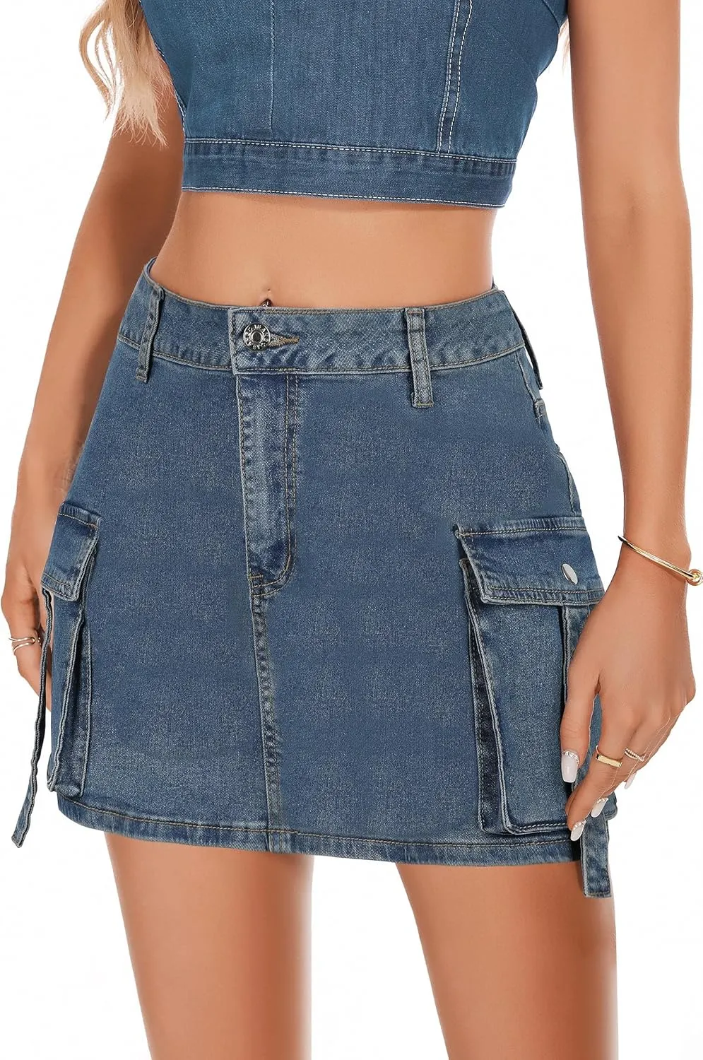 PEIQI Sexy High Waist Cargo Skirt for Women Stretchy Button Mini Cargo Denim Skirt with Pockets