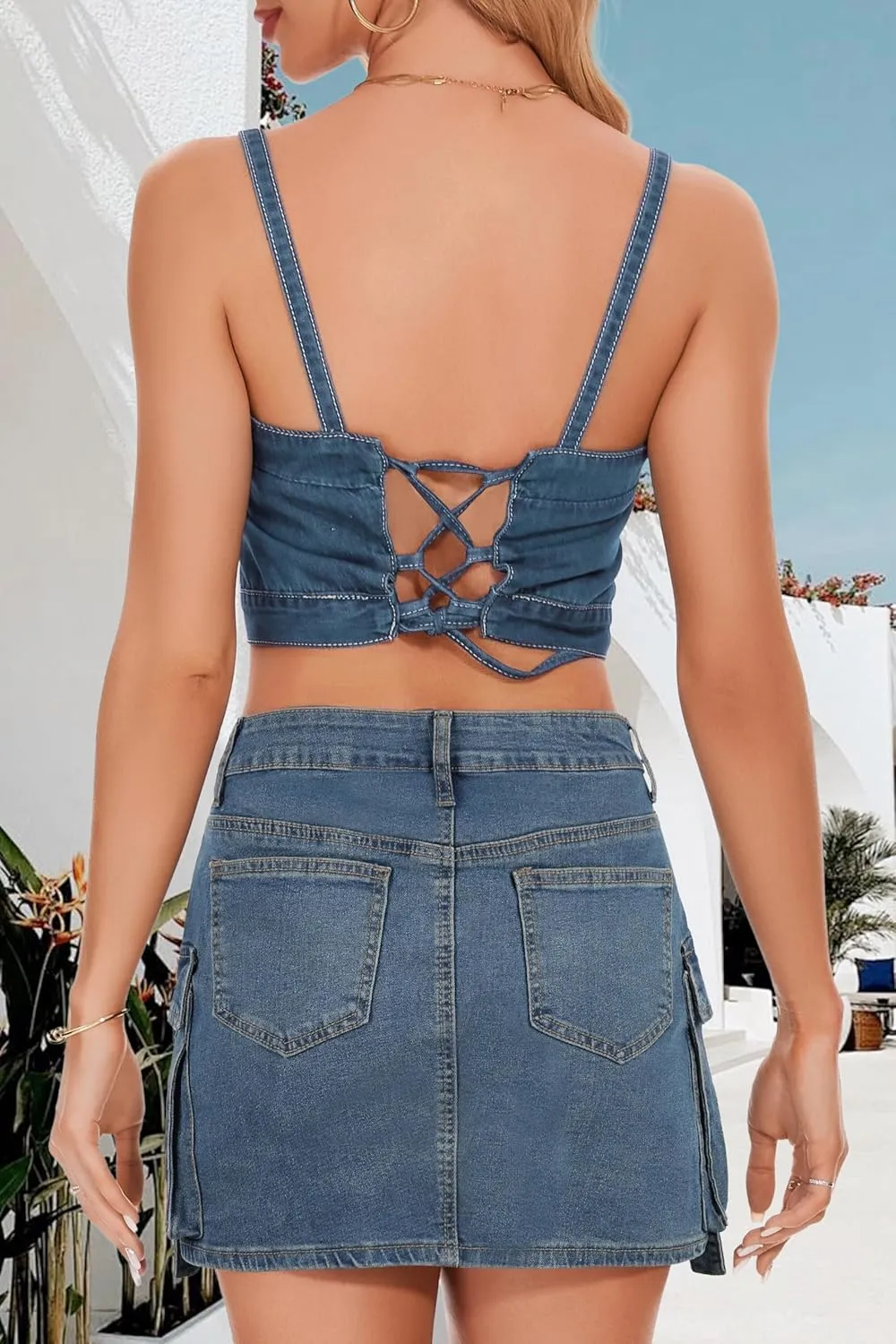 PEIQI Sexy High Waist Cargo Skirt for Women Stretchy Button Mini Cargo Denim Skirt with Pockets