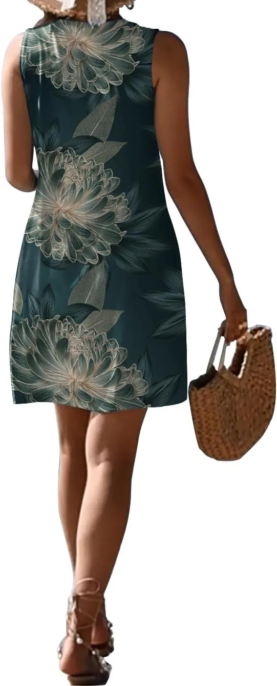 Pleated Front Summer Dresses for Women 2025 Casual Beach Floral Print Sundress Boho Tank Dress