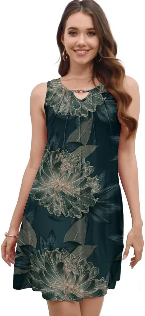 Pleated Front Summer Dresses for Women 2025 Casual Beach Floral Print Sundress Boho Tank Dress