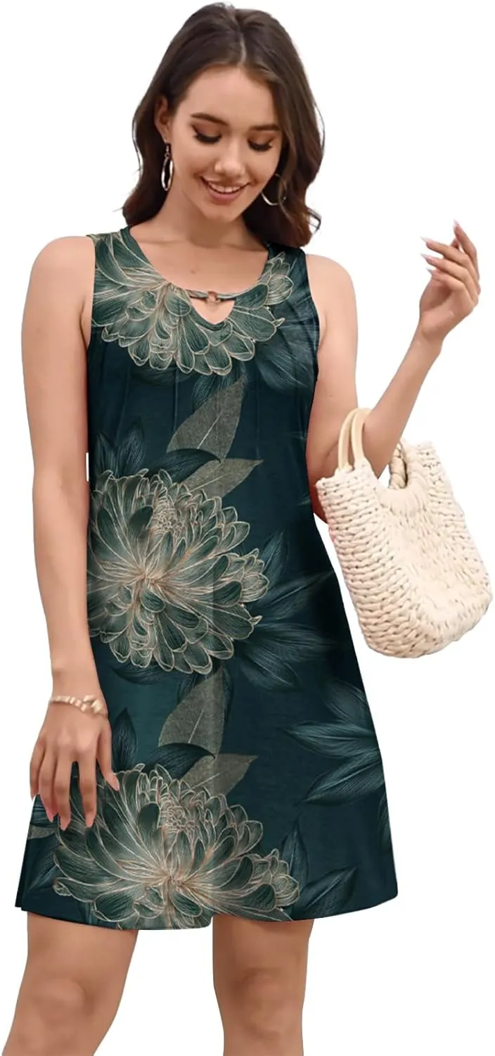 Pleated Front Summer Dresses for Women 2025 Casual Beach Floral Print Sundress Boho Tank Dress