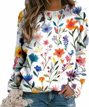 Plus Size Flower Tops for Women Oversized Long Sleeve Crewneck Graphic Sweatshirts Casual Floral Pullover Shirts