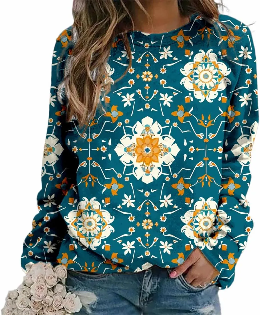 Plus Size Flower Tops for Women Oversized Long Sleeve Crewneck Graphic Sweatshirts Casual Floral Pullover Shirts