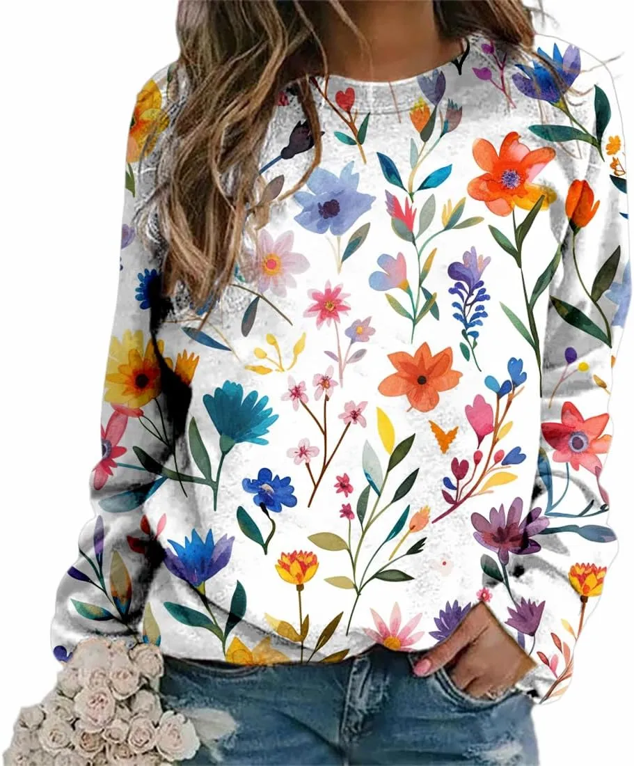 Plus Size Flower Tops for Women Oversized Long Sleeve Crewneck Graphic Sweatshirts Casual Floral Pullover Shirts
