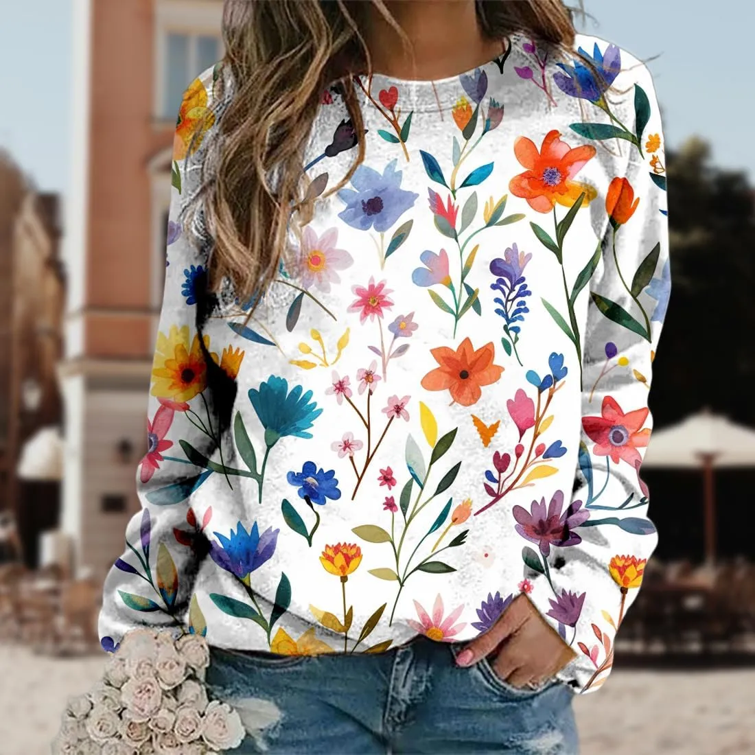 Plus Size Flower Tops for Women Oversized Long Sleeve Crewneck Graphic Sweatshirts Casual Floral Pullover Shirts