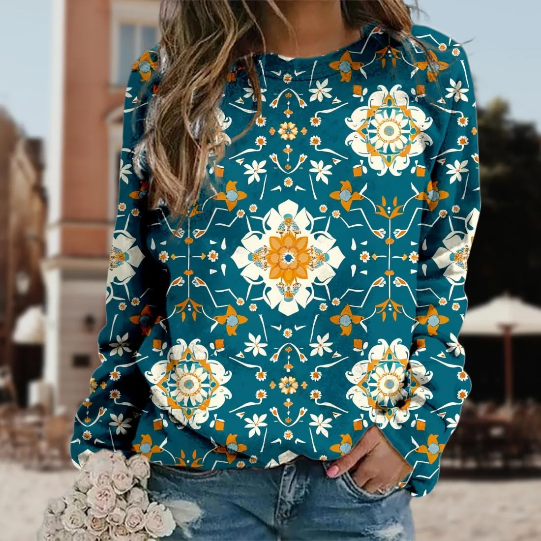 Plus Size Flower Tops for Women Oversized Long Sleeve Crewneck Graphic Sweatshirts Casual Floral Pullover Shirts