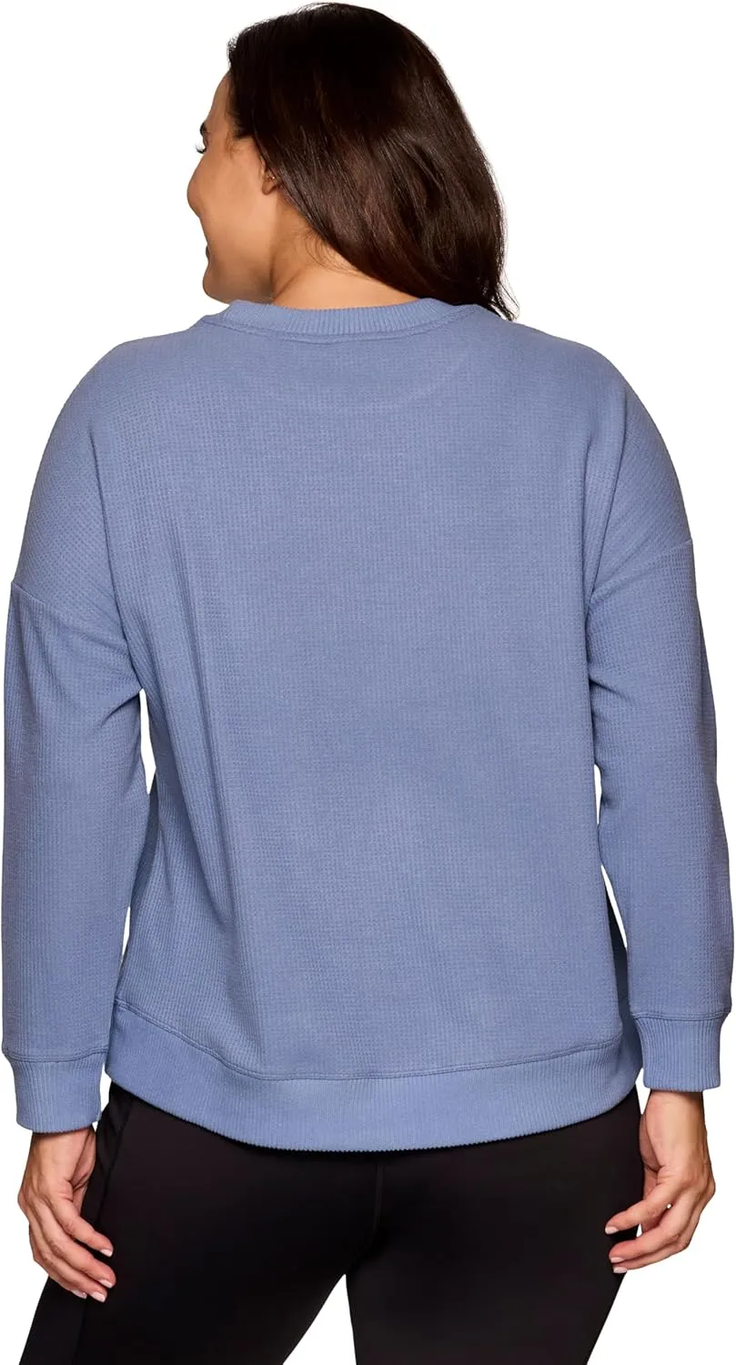 RBX Active Women's Waffle Knit Top in Regular and Plus Sizes, Long Sleeve Waffle Sweatshirt Relaxed Fit Crewneck Sweater