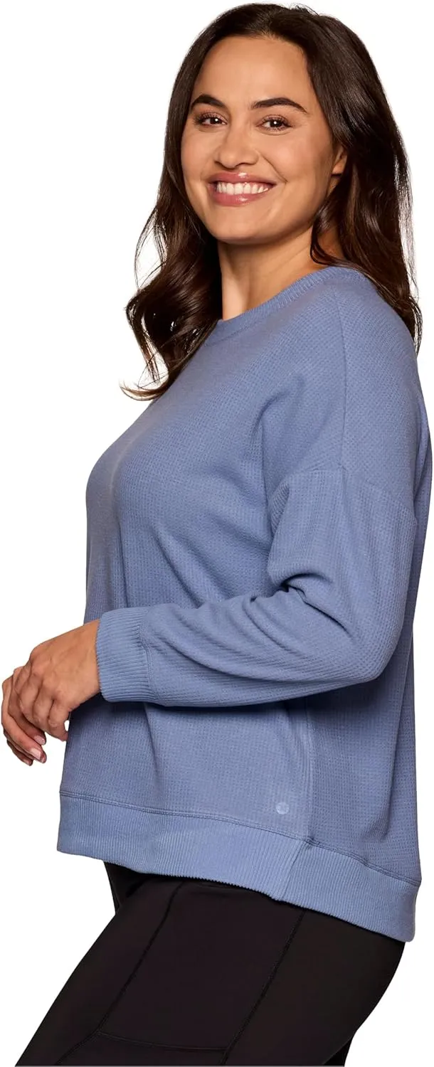 RBX Active Women's Waffle Knit Top in Regular and Plus Sizes, Long Sleeve Waffle Sweatshirt Relaxed Fit Crewneck Sweater