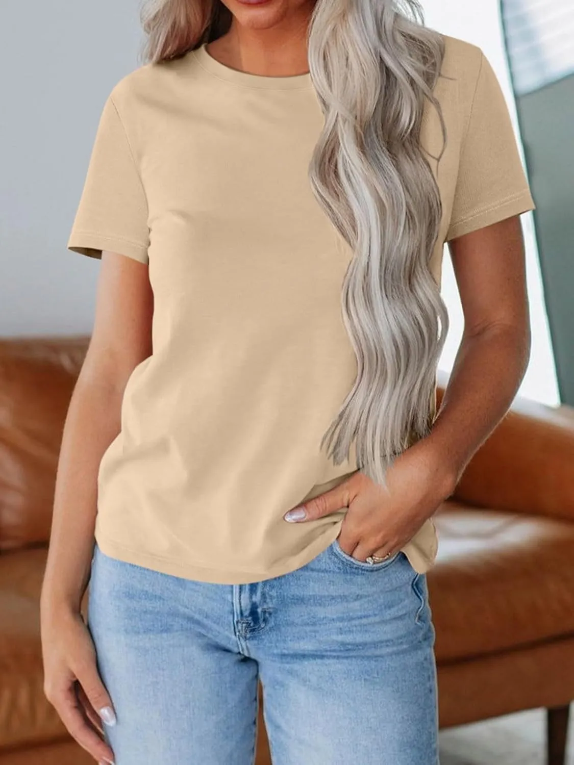 REORIA Womens Summer Crewneck Short Sleeve Cotton Tunic Tops Loose Fit Solid T Shirts 2025 Basic Tees