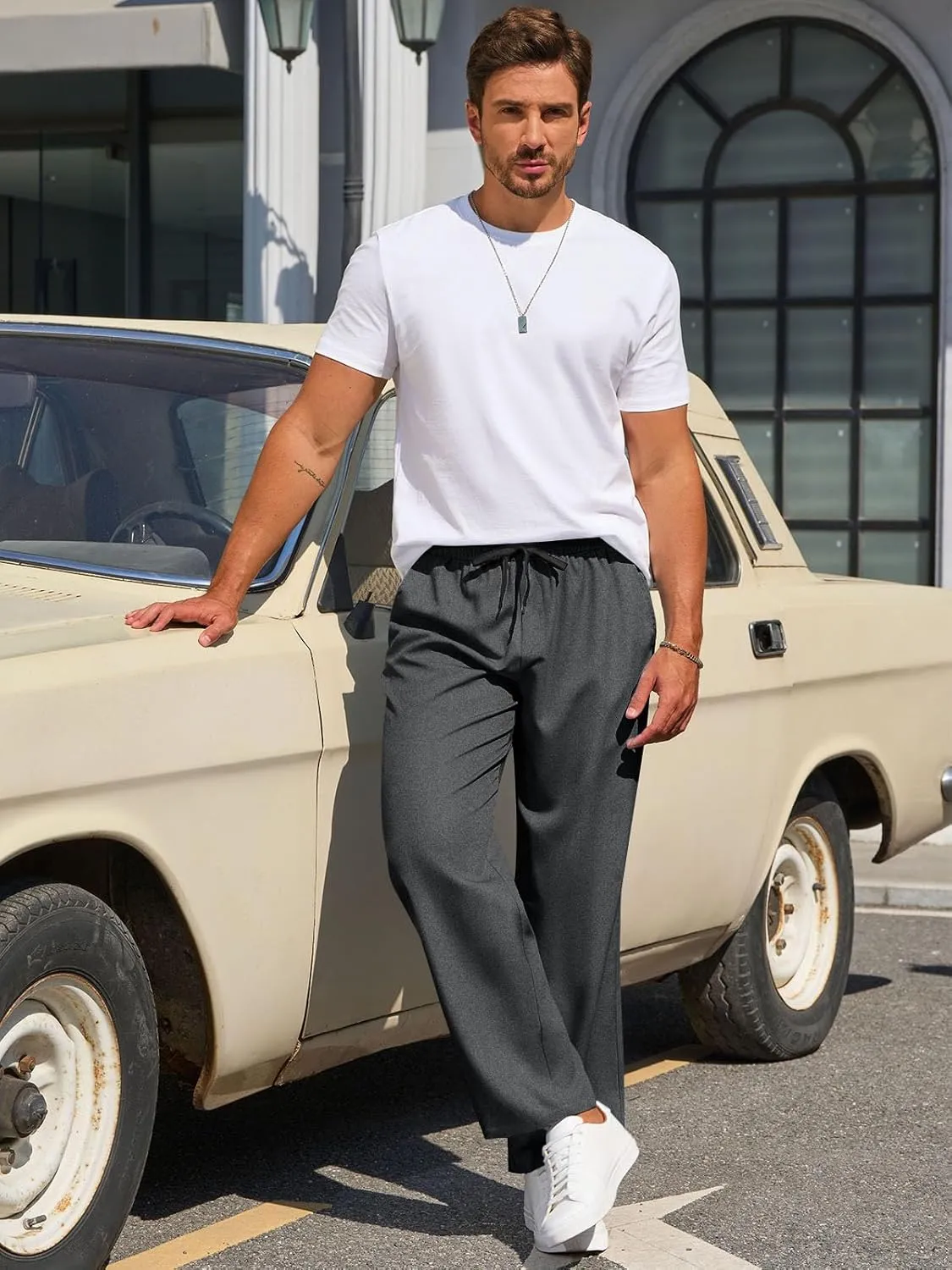 Runcati Mens Casual Pants Drawstring Elastic Waist Lightweight Trousers Linen Beach Summer Lounge Pants