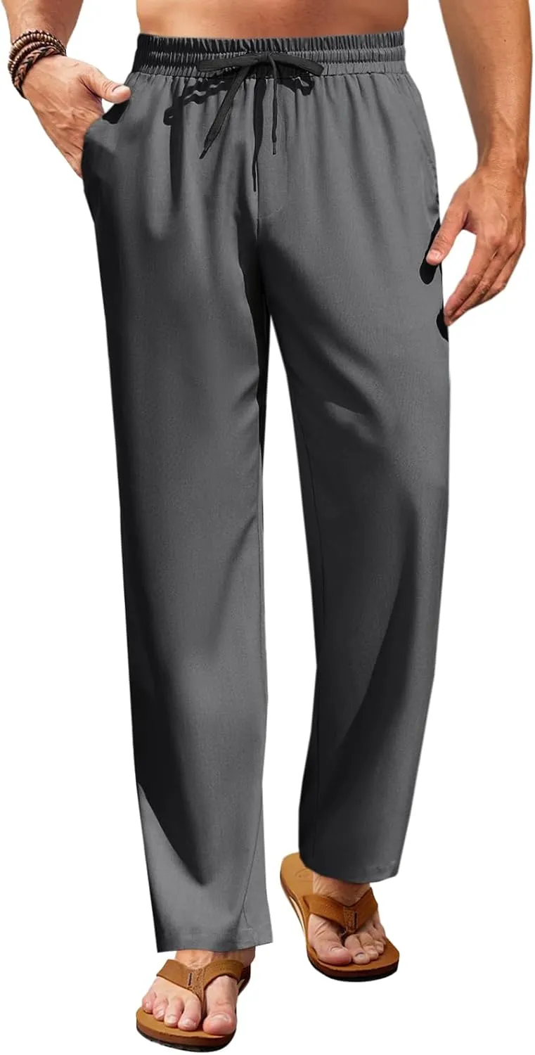 Runcati Mens Casual Pants Drawstring Elastic Waist Lightweight Trousers Linen Beach Summer Lounge Pants